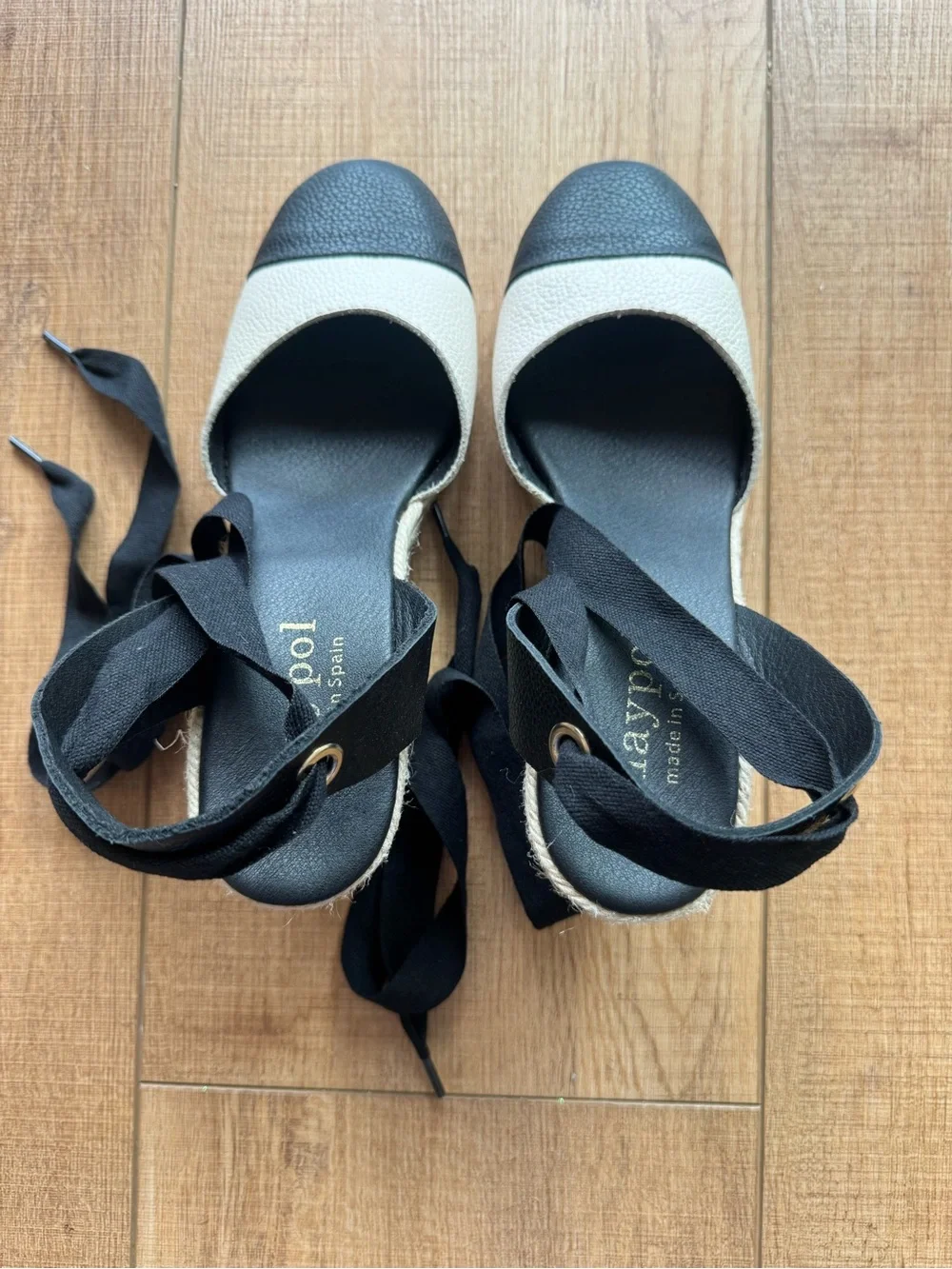 Maypol Espadrille Wedge Sandals EU 39 US 8.5 Black Cream Leather Lace Up Spain